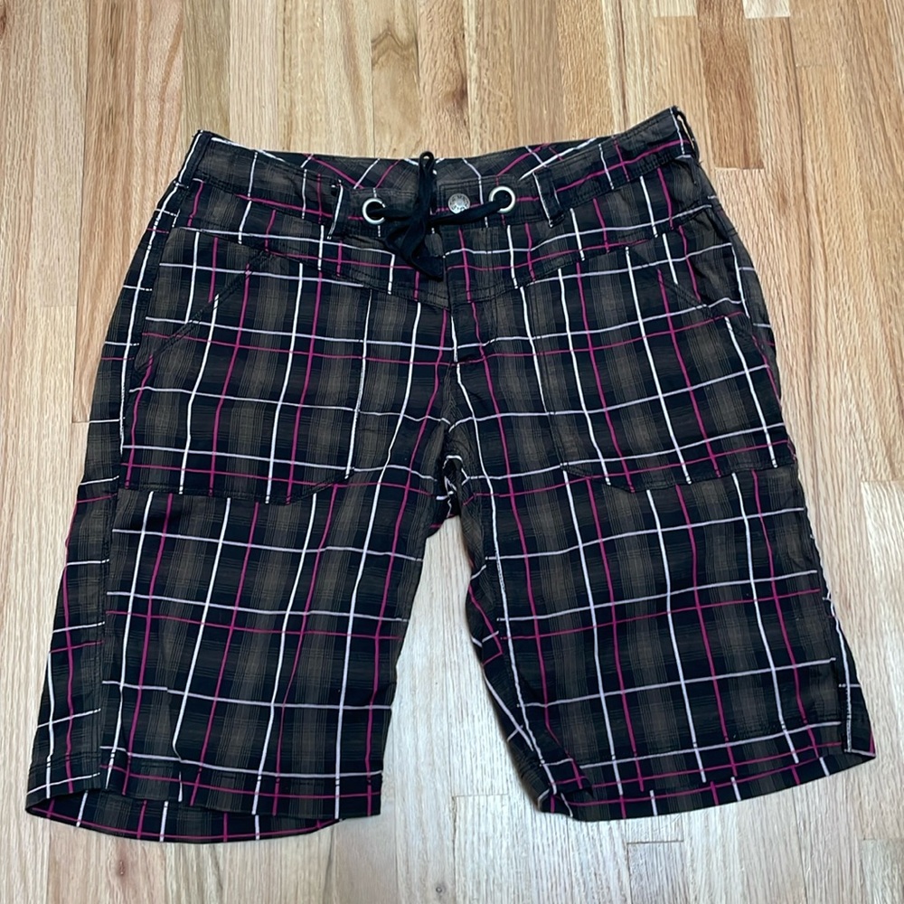 The North Face Women's Black Plaid Shorts with Pink and White Stripes